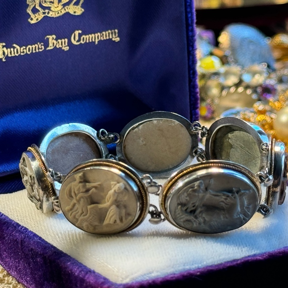 Antique Bracelet Stone Cameo 800 Silver Victorian Lava RARE Seven Days Chariots - Picture 12 of 14